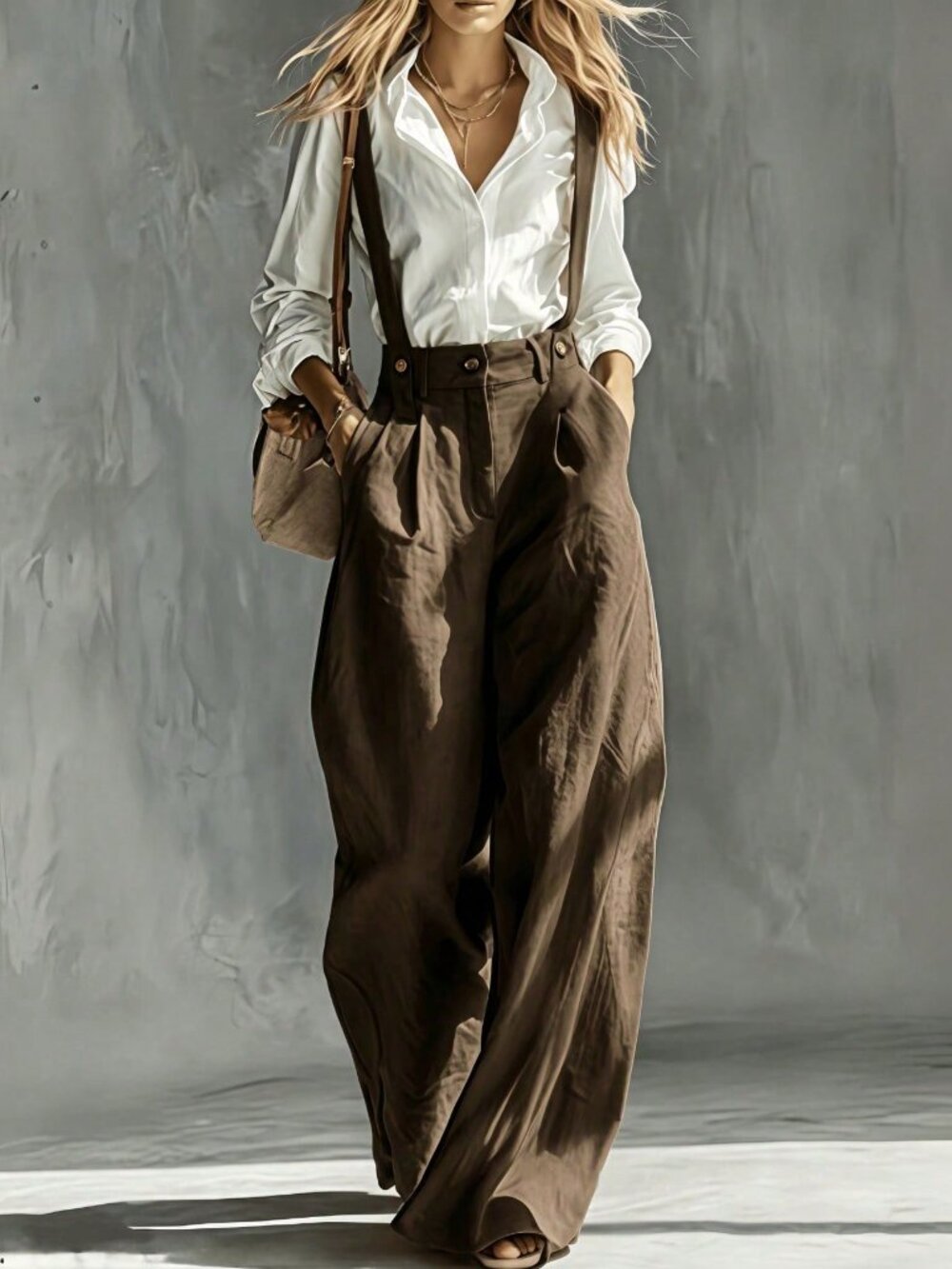 Rust Brown Casual Women's Loose High Waist Zipper Fly Pocket Long Wide Leg Pants